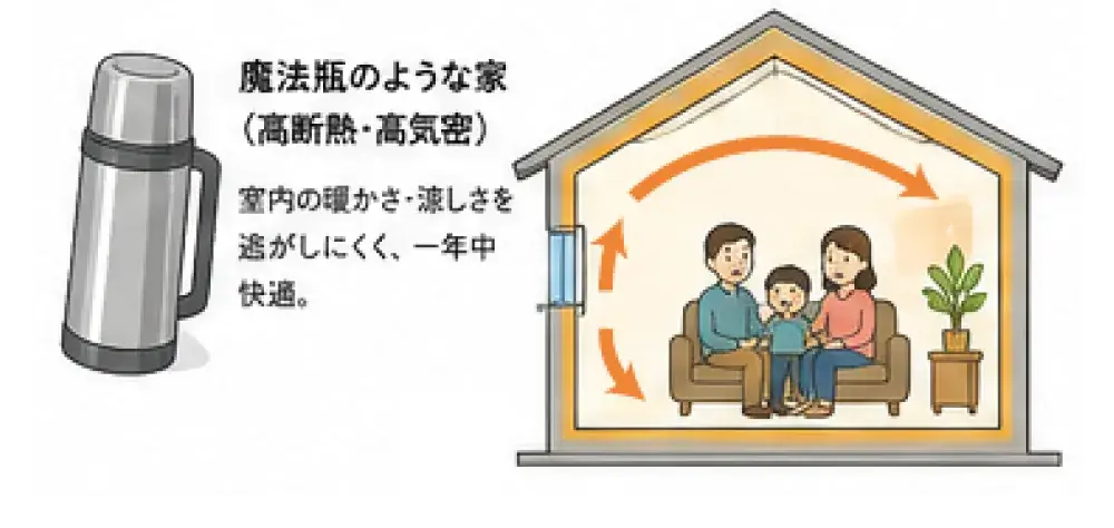 魔法瓶のような家と燃費の良い設備の説明図